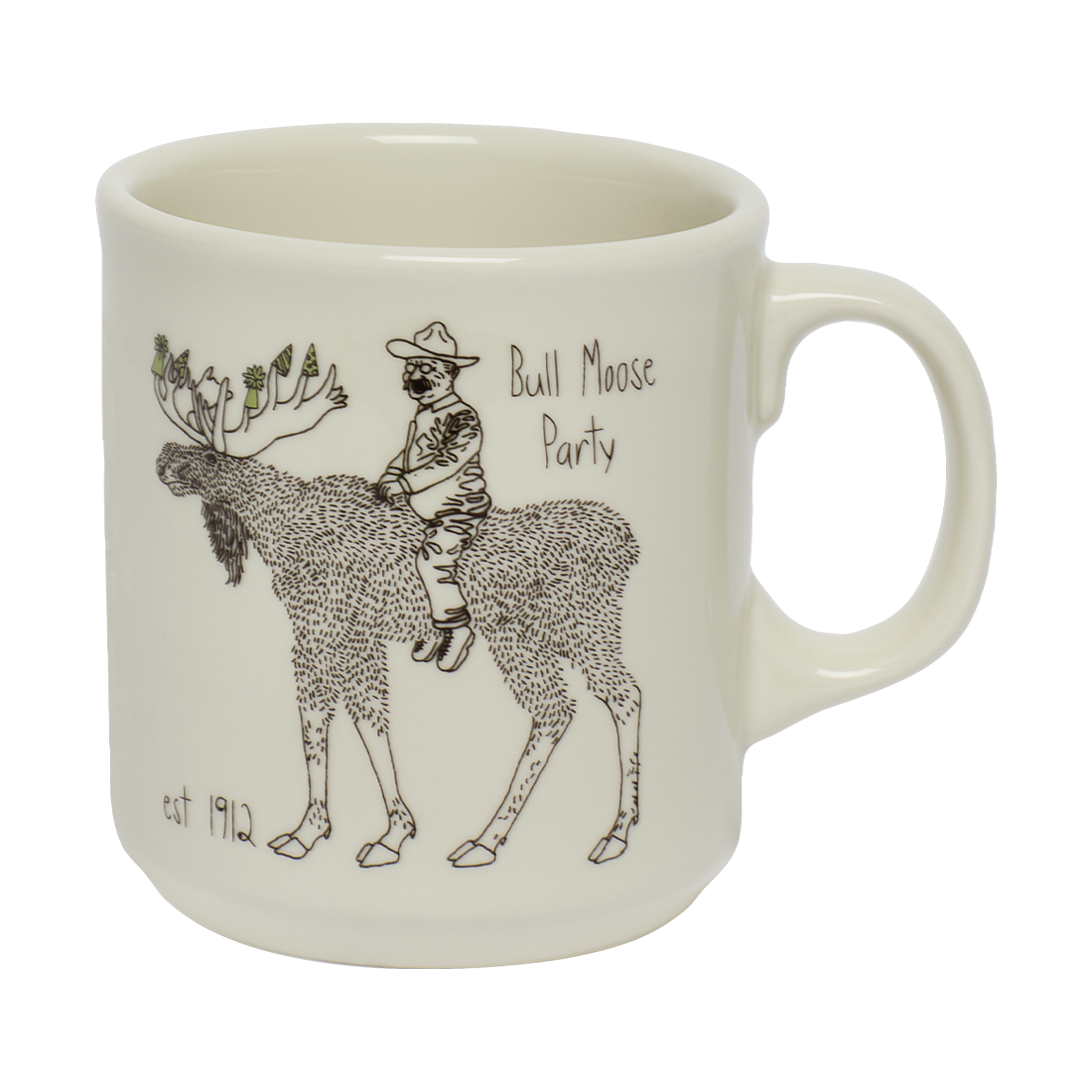 Mug with illustration of a person riding a moose and 'Bull Moose Party' text on a white background
