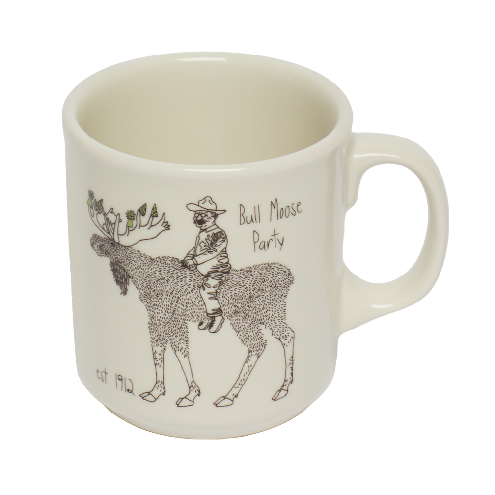 White mug with a black and white illustration of a moose and a person, with text 'Bull Moose Party' on a white background.