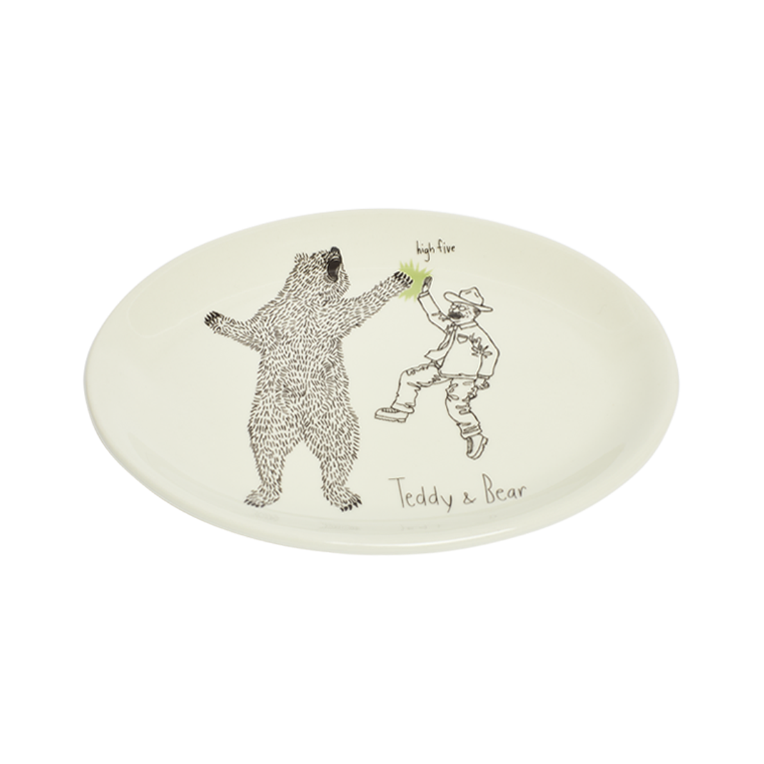 Round ceramic plate with illustrations of a bear and a person, featuring the brand 'Teddy & Bear'.