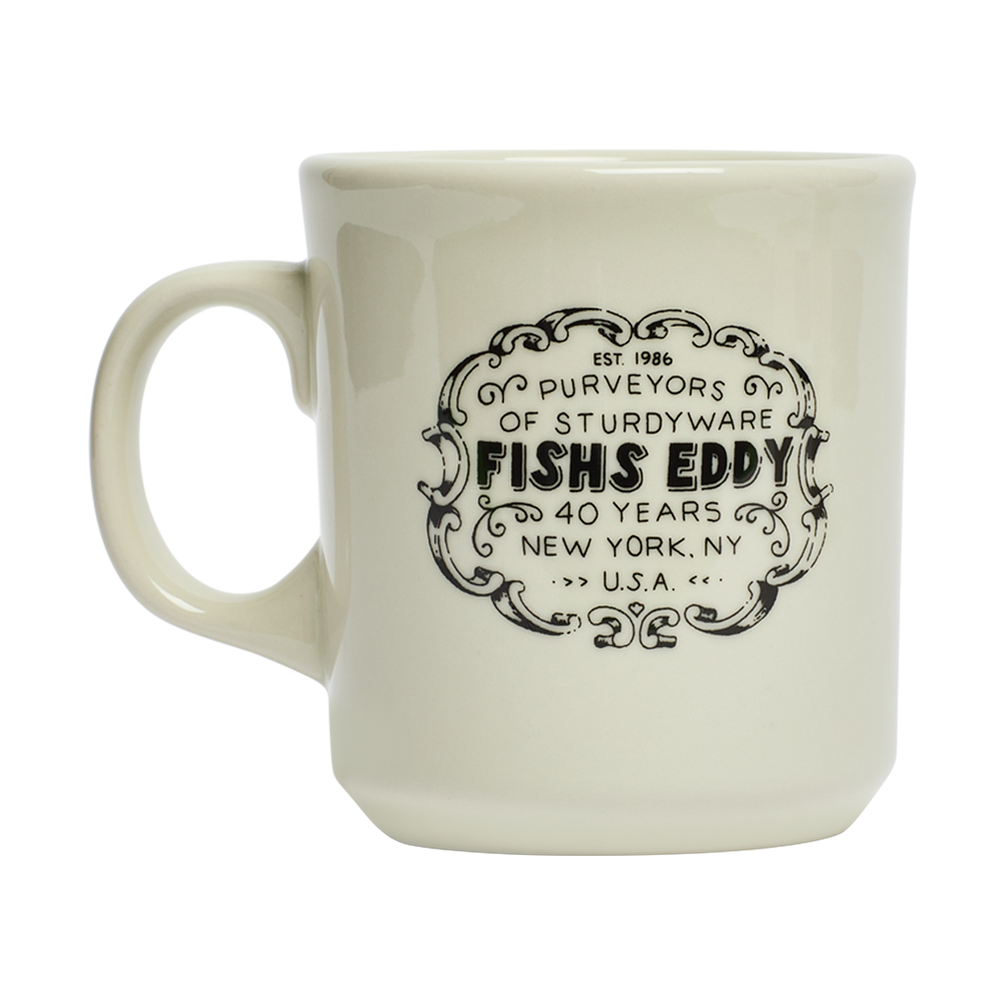 White mug with black text and branding on a white background