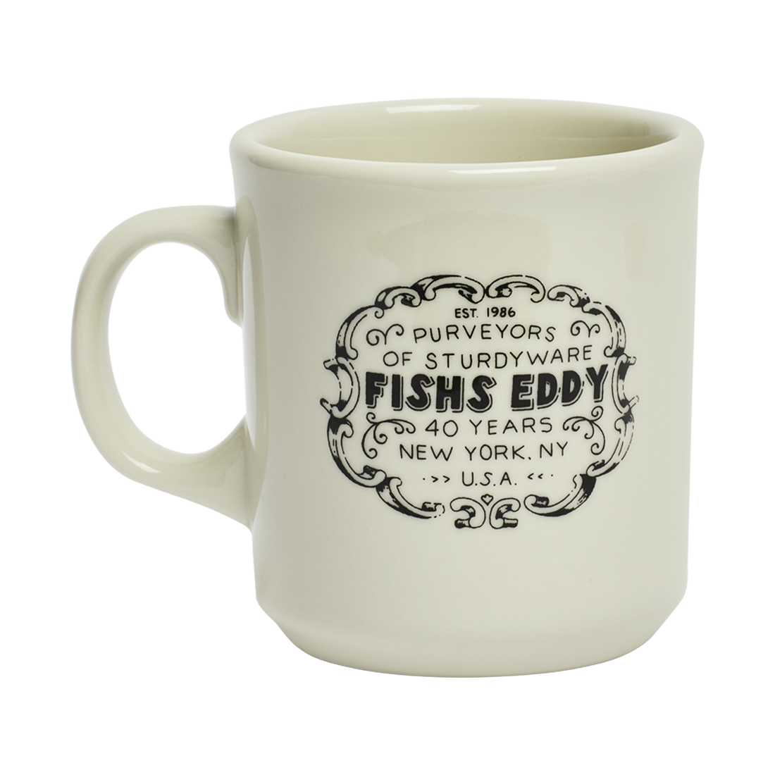White mug with black text and logo on a white background
