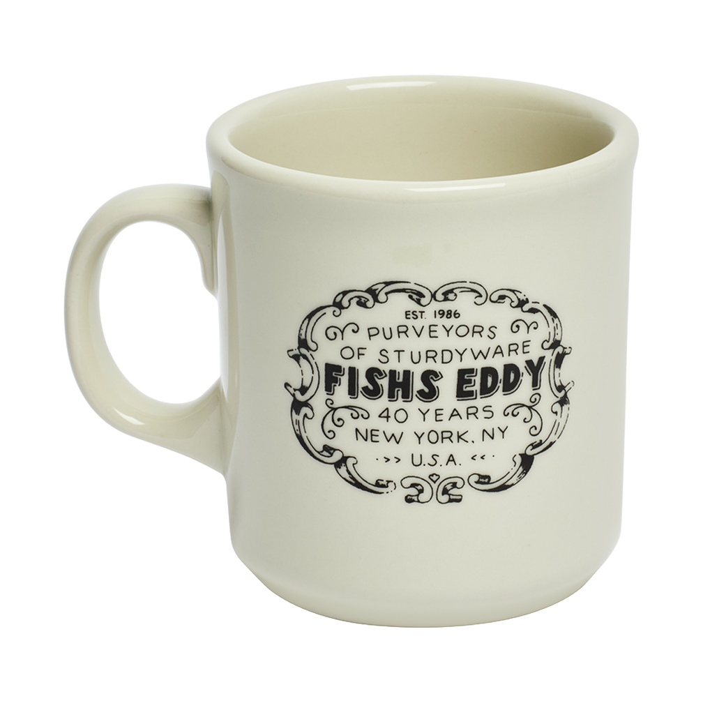White mug with black text and logo on a white background