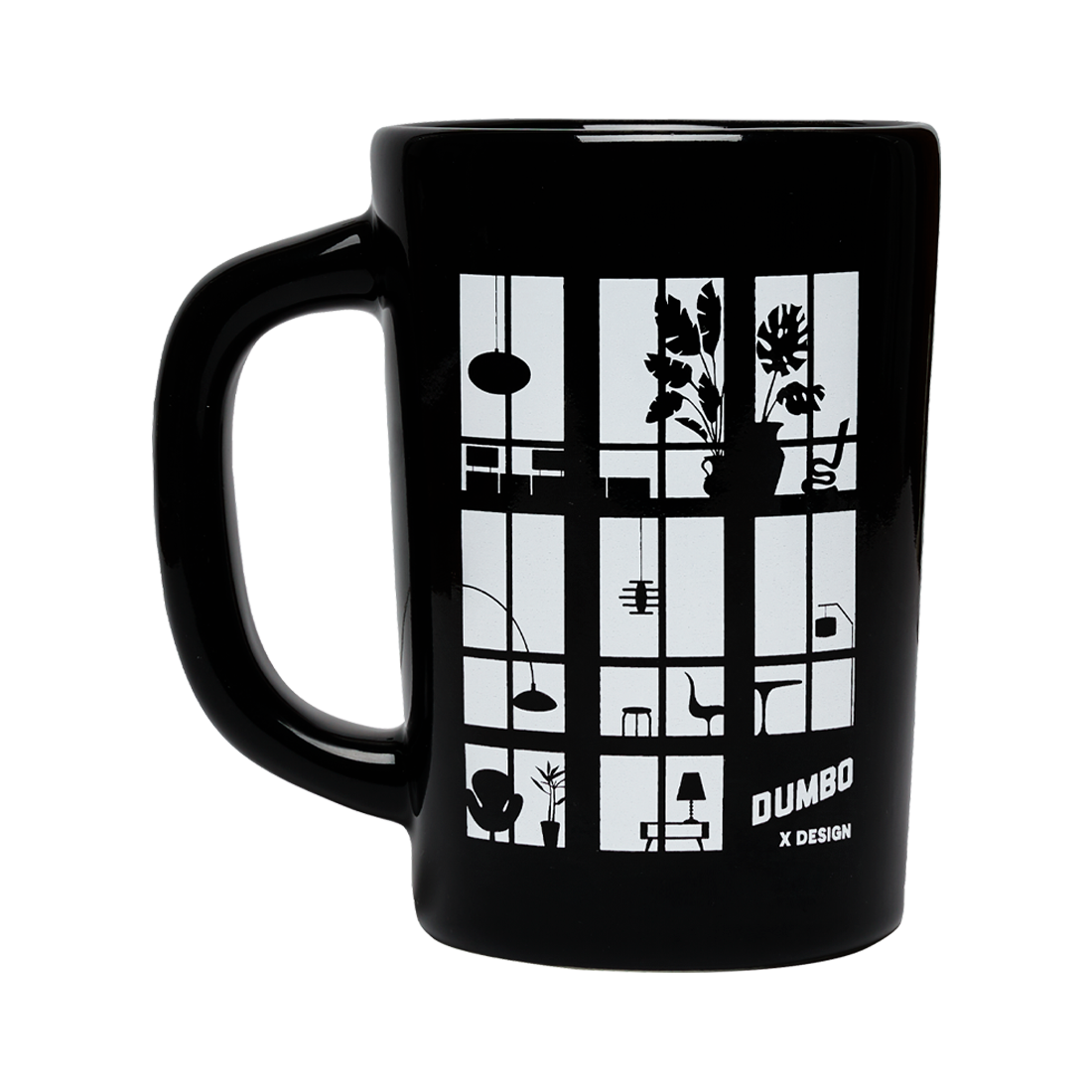 Black mug with white design featuring geometric shapes and 'Dumbo x Design' text on a white background