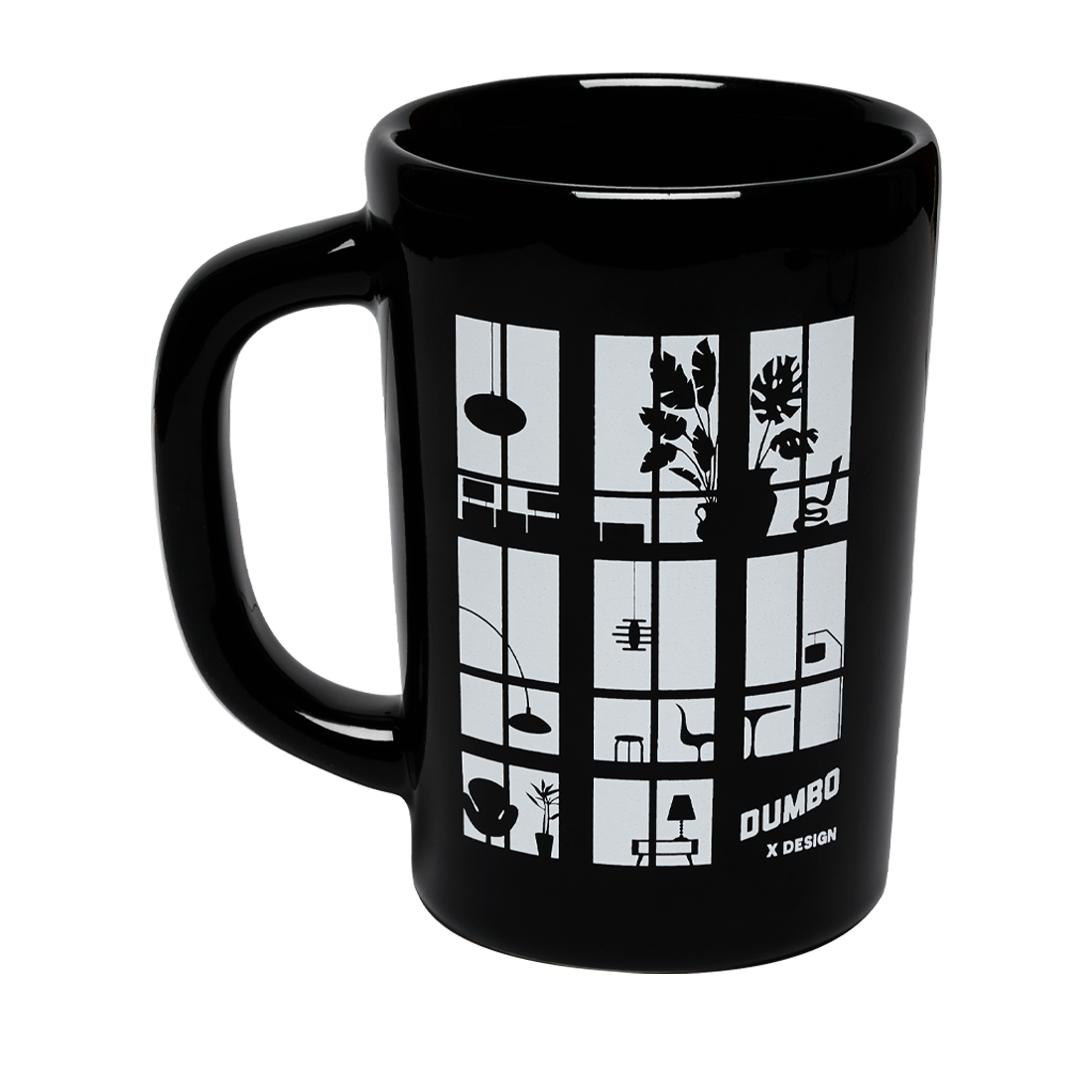 Black mug with white design and 'Dumbo' branding on a white background