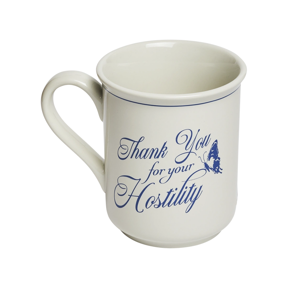 Sarcastic statement mug featuring “Thank You for Your Hostility” in decorative blue lettering on a classic white ceramic coffee mug. Ideal gift for people with a sharp wit and excellent boundaries. Three-quarter view.