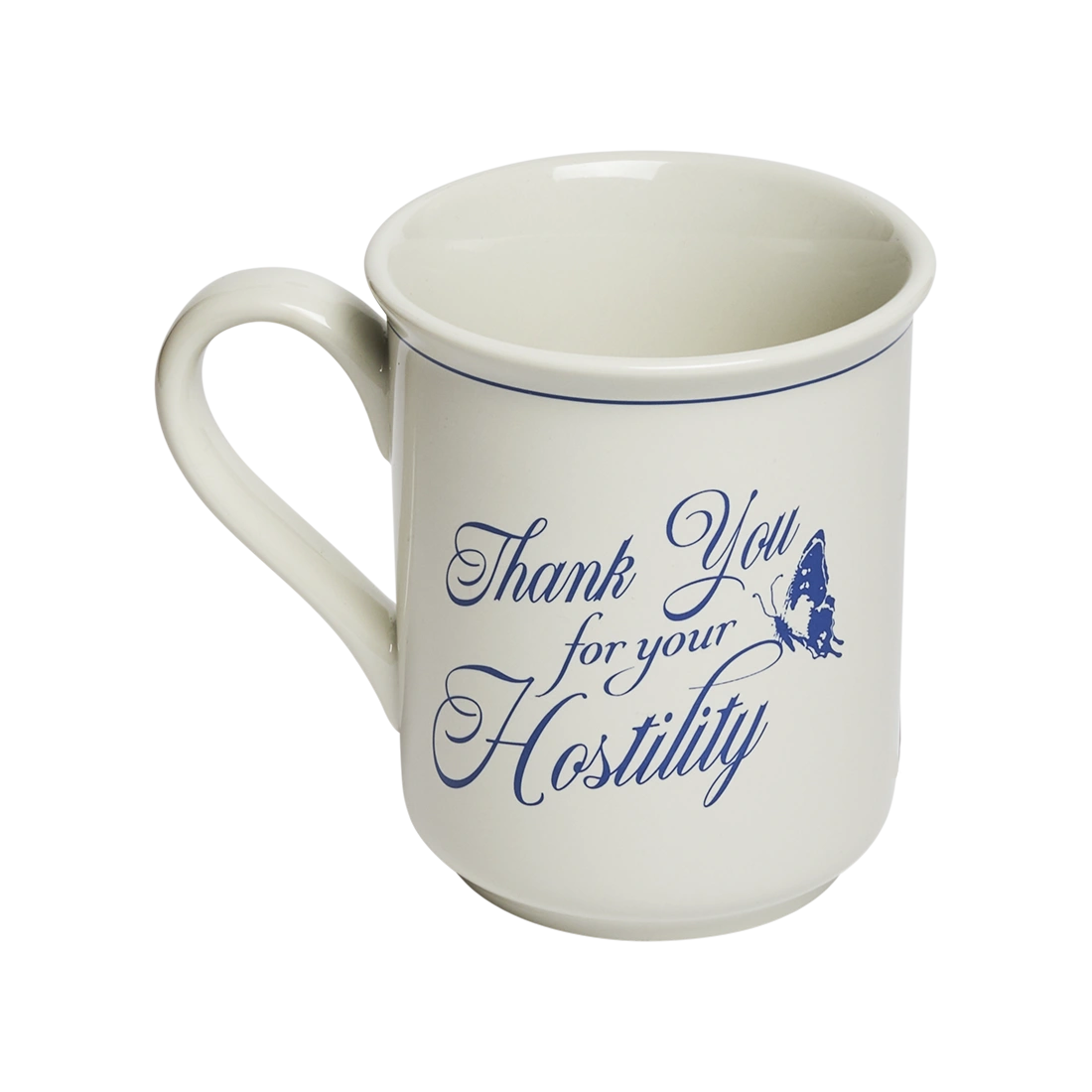 Sarcastic statement mug featuring “Thank You for Your Hostility” in decorative blue lettering on a classic white ceramic coffee mug. Ideal gift for people with a sharp wit and excellent boundaries. Three-quarter view.