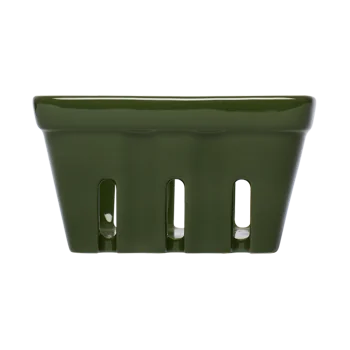 Front view of a green ceramic berry basket with open slotted sides, designed for displaying berries, cherry tomatoes, garlic, or small produce.
