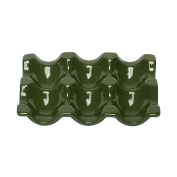 Front view of a green ceramic egg tray with molded wells for holding eggs, designed for tidy refrigerator storage and brunch prep.