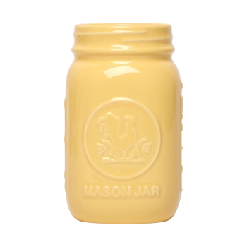 Front view of a yellow ceramic mason jar tumbler with embossed jar-style detailing, useful for drinks, utensils, flowers, or countertop storage.