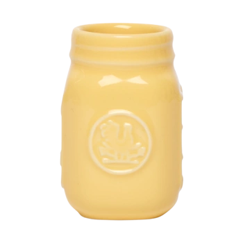 Front view of a tiny yellow ceramic mason jar with classic jar detailing, ideal for small sips, condiments, toothpicks, or tiny kitchen essentials.