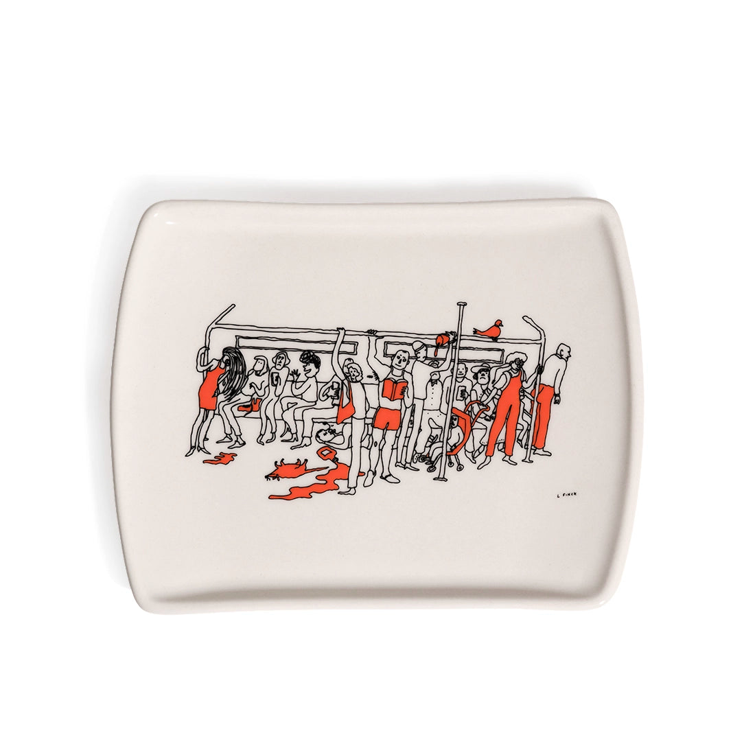 White rectangular tray from above with a black and red drawing of a crowded subway car