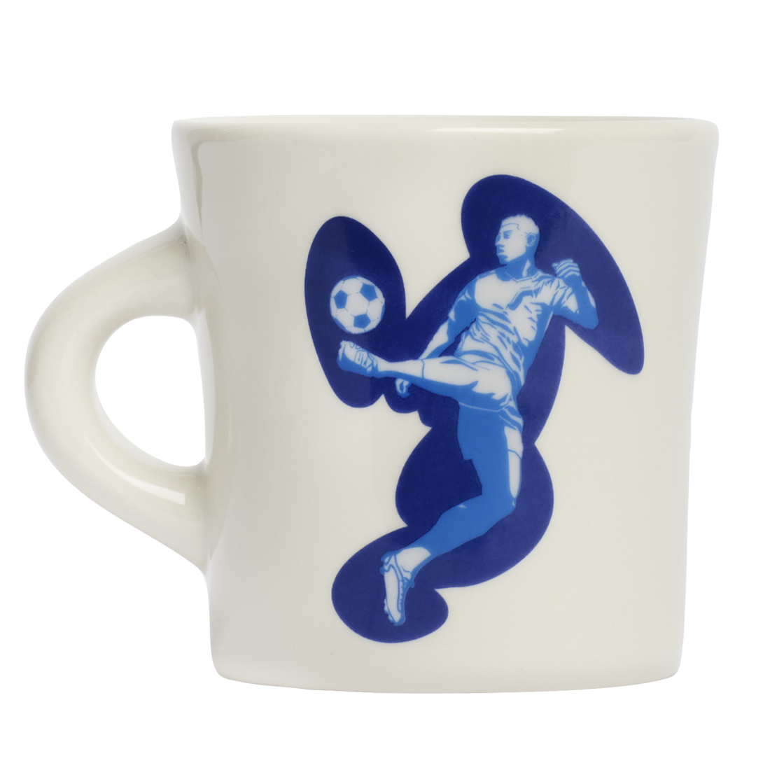 White ceramic mug with blue soccer player illustration and graphic swirl artwork, designed to add personality to everyday coffee routines and casual table settings
