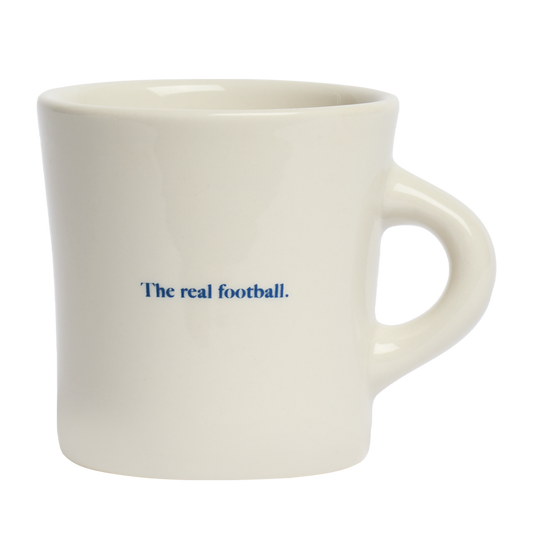 Classic white mug featuring blue soccer inspired artwork and bold athletic graphic design, perfect for everyday use and gifting for sports fans
