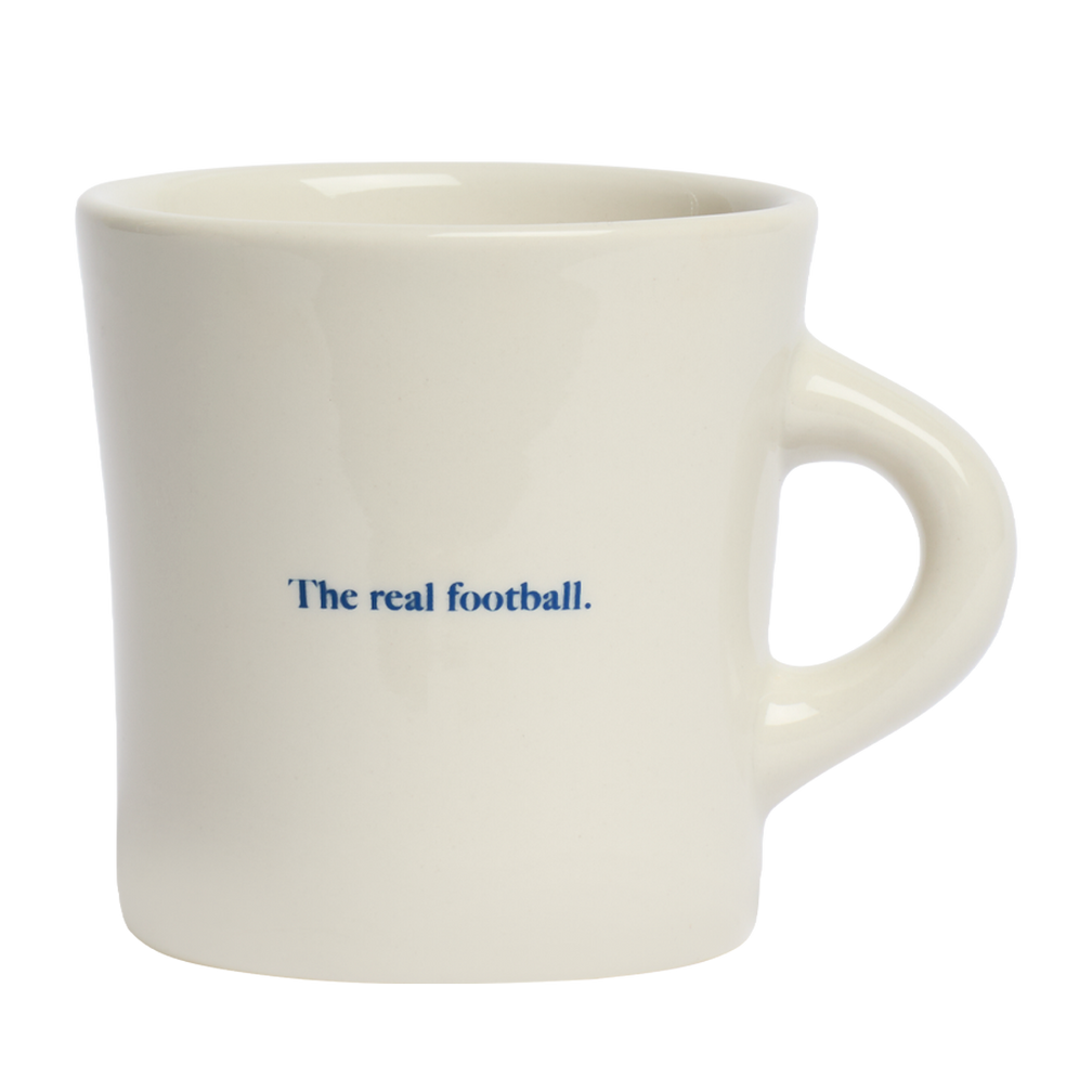 Classic white mug featuring blue soccer inspired artwork and bold athletic graphic design, perfect for everyday use and gifting for sports fans