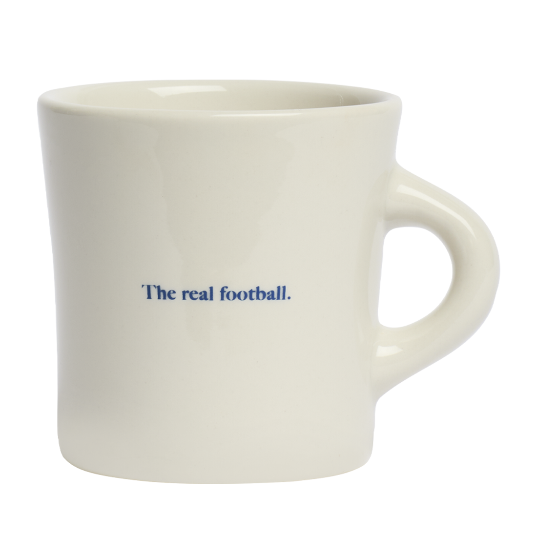 Classic white mug featuring blue soccer inspired artwork and bold athletic graphic design, perfect for everyday use and gifting for sports fans