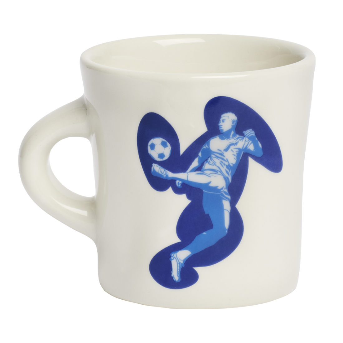 Ceramic coffee mug with illustrated soccer player design in blue tones, a playful addition to modern kitchen collections and casual dining spaces