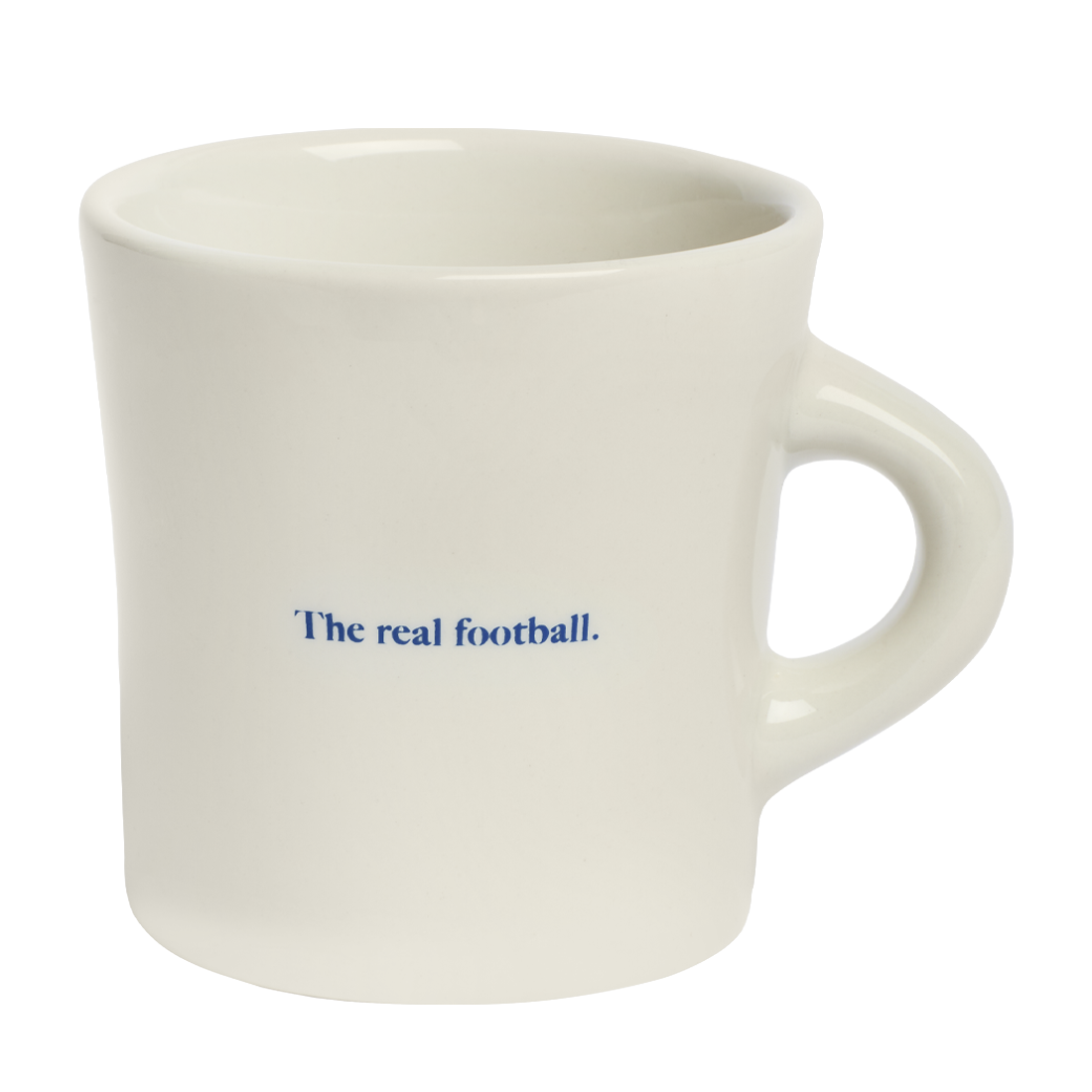 Minimal white coffee mug featuring The real football graphic text in blue, ideal for relaxed mornings and sporty tabletop collections