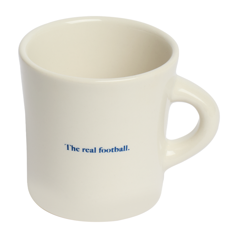 Modern ceramic mug with understated soccer inspired typography and clean white finish, crafted for everyday coffee drinking and casual entertaining