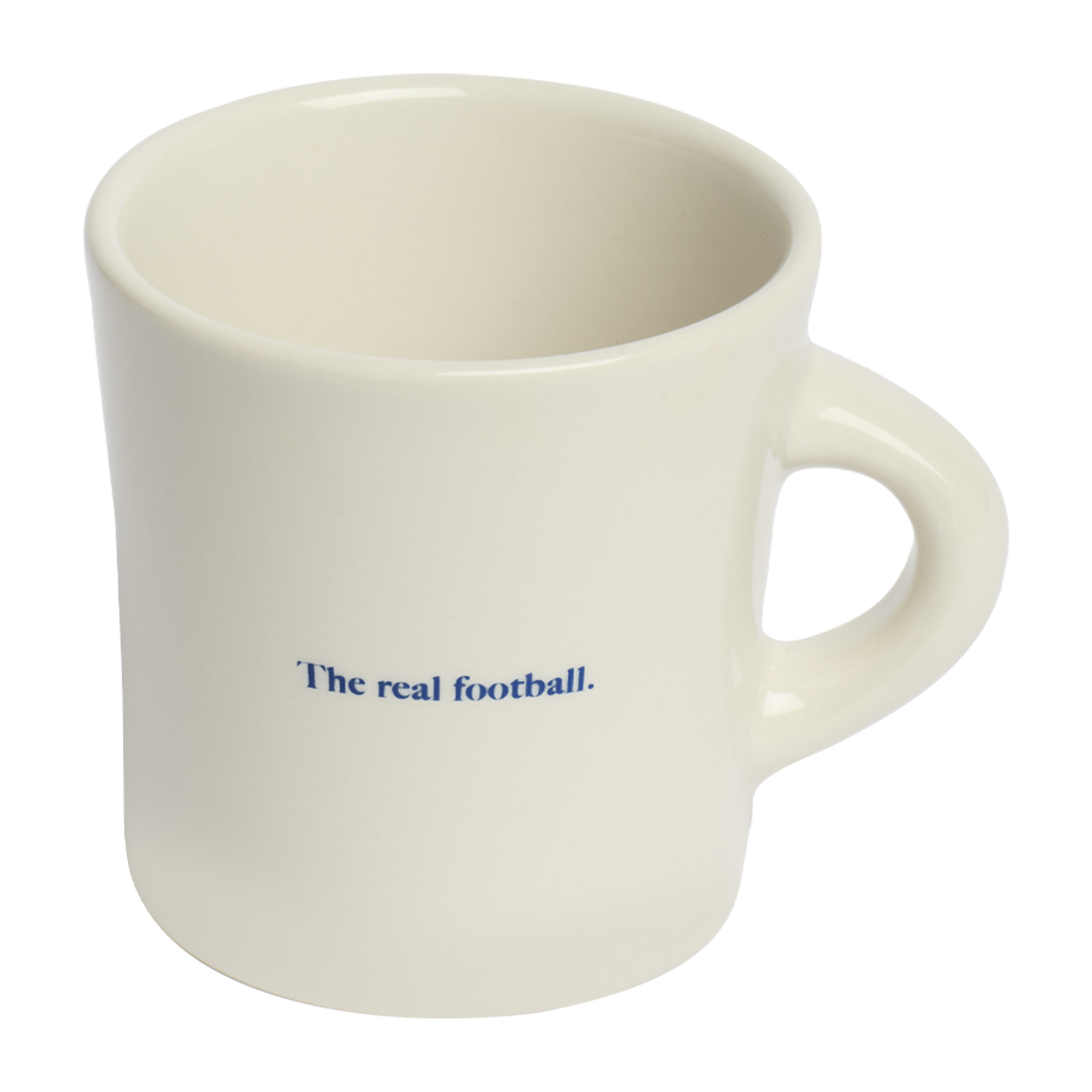 Modern ceramic mug with understated soccer inspired typography and clean white finish, crafted for everyday coffee drinking and casual entertaining