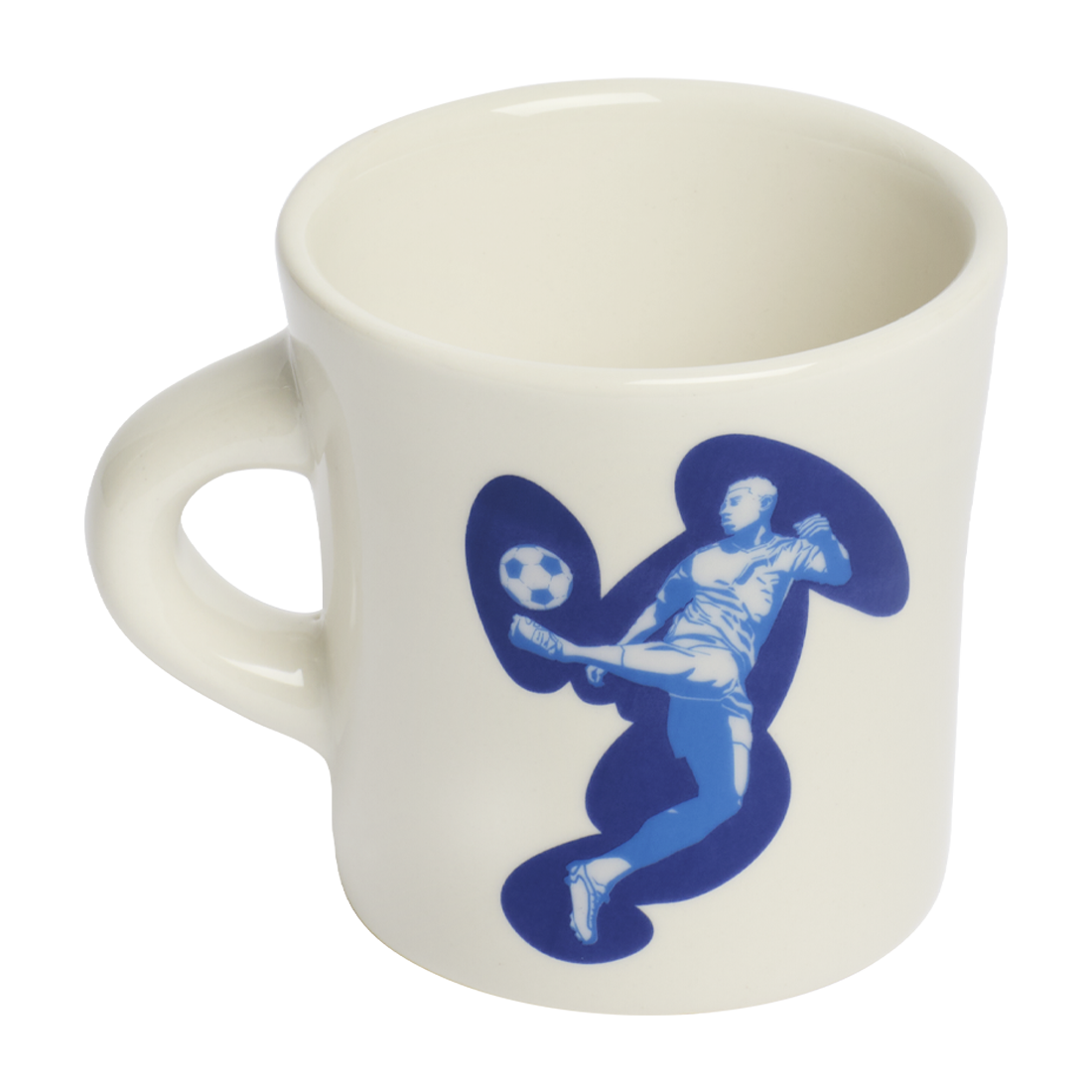 White ceramic mug with small The real football text detail in blue typography, designed for coffee lovers and soccer fans with a minimalist style