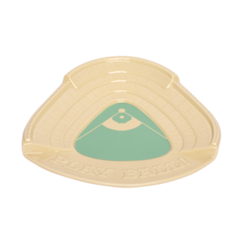 Angled view of the Play Ball soap dish with embossed lettering and ballpark-inspired design, a playful bathroom or kitchen accent