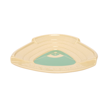 Low side view of the Play Ball soap dish showing its shallow ceramic shape, designed for soap, sponges, or sporty sink styling