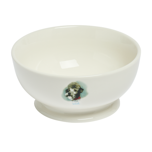 White ceramic bowl with a small dog illustration on a white background