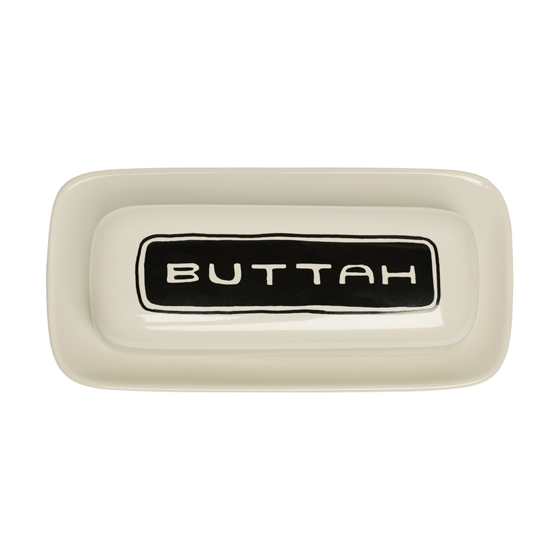 Rectangular ceramic butter dish with 'BUTTAH' label on a white background