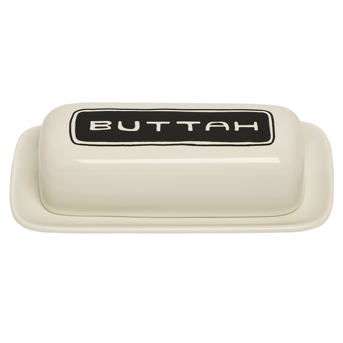 Beige butter dish with 'BUTTAH' label on a white background
