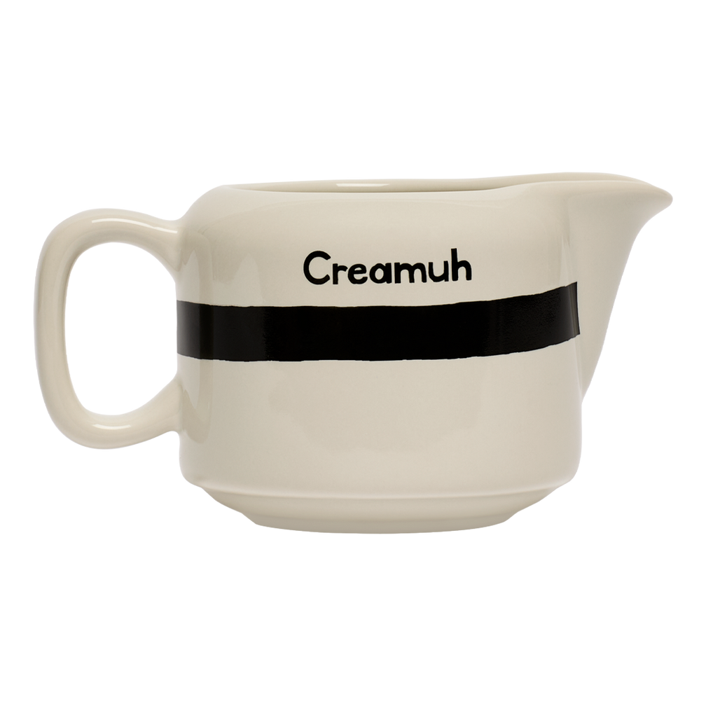 Cream pitcher with 'Creamuh' text on a white background