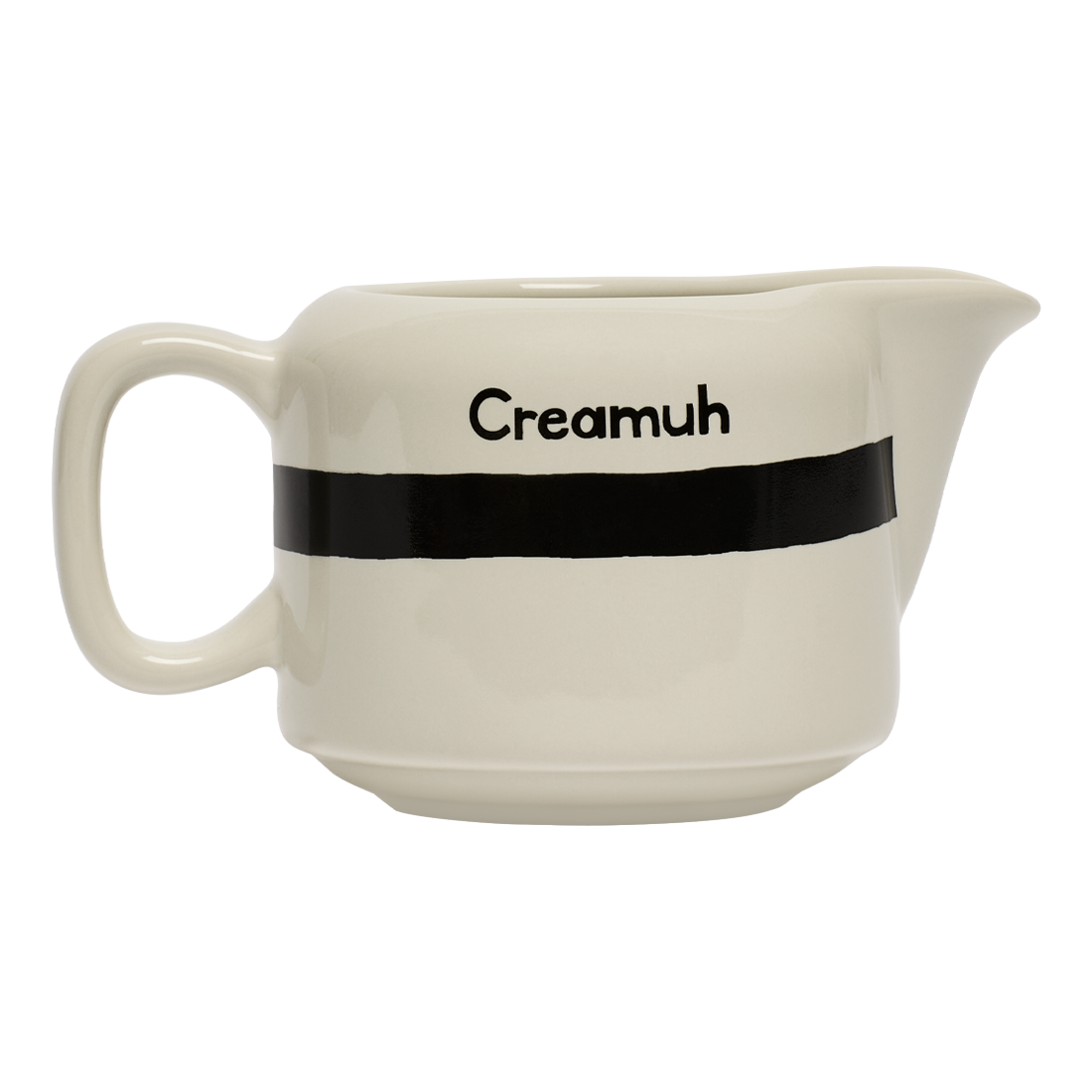 Cream pitcher with 'Creamuh' text on a white background
