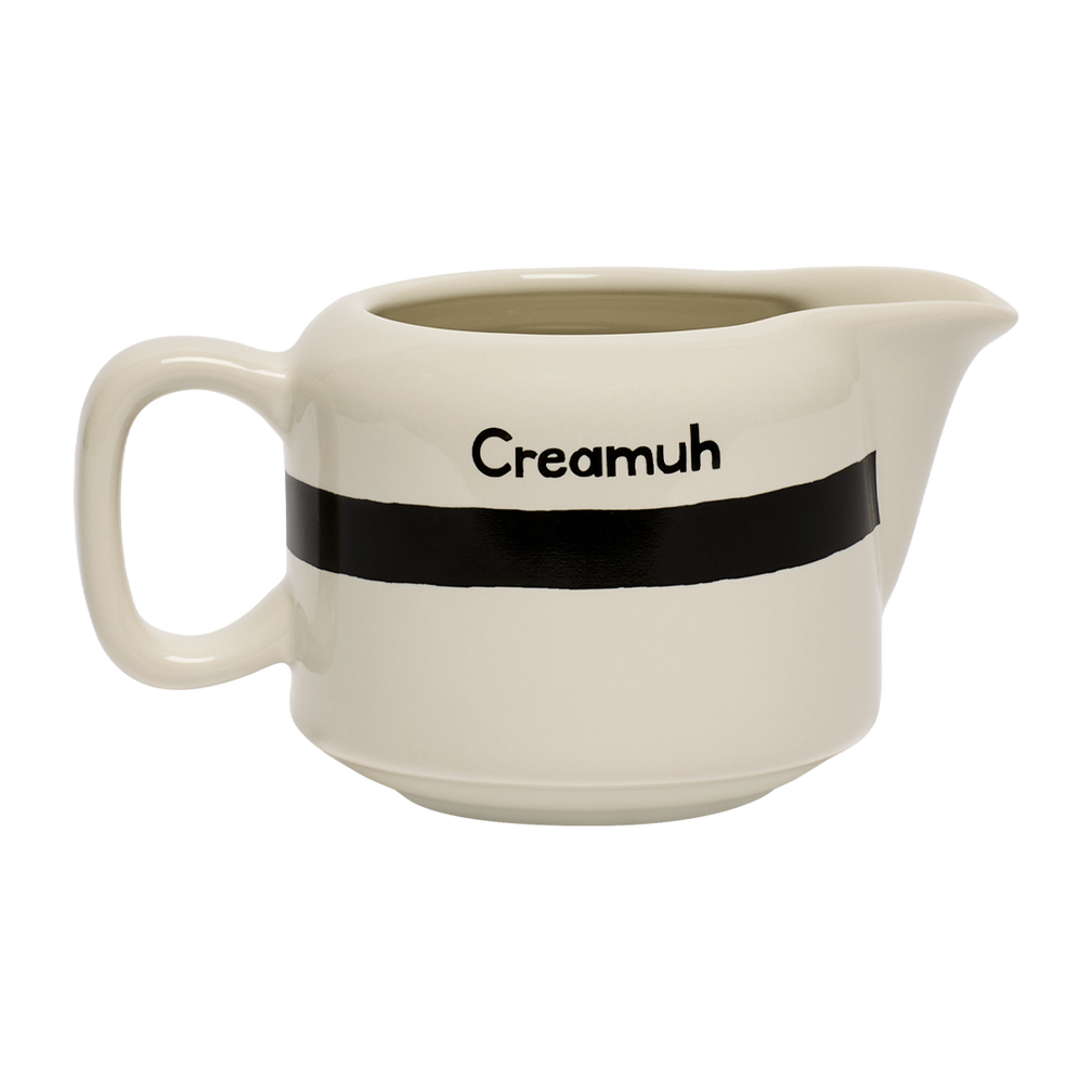 Cream pitcher with 'Creamuh' branding on a white background