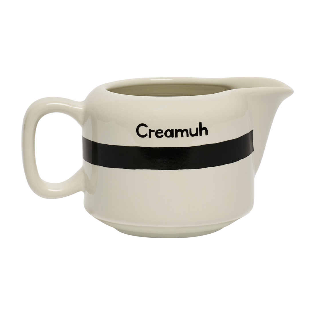 Cream pitcher with 'Creamuh' branding on a white background