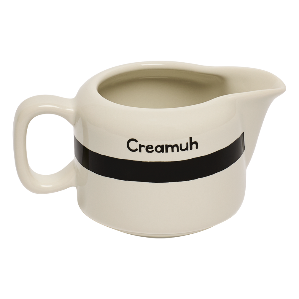 Cream pitcher with 'Creamuh' label on a white background