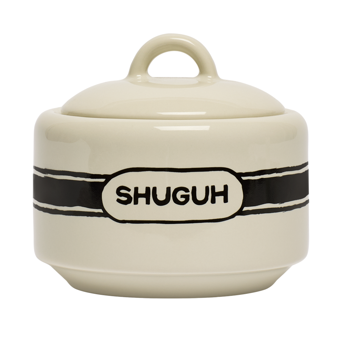 Cream-colored ceramic container with a black band and 'SHUGUH' branding on a white background