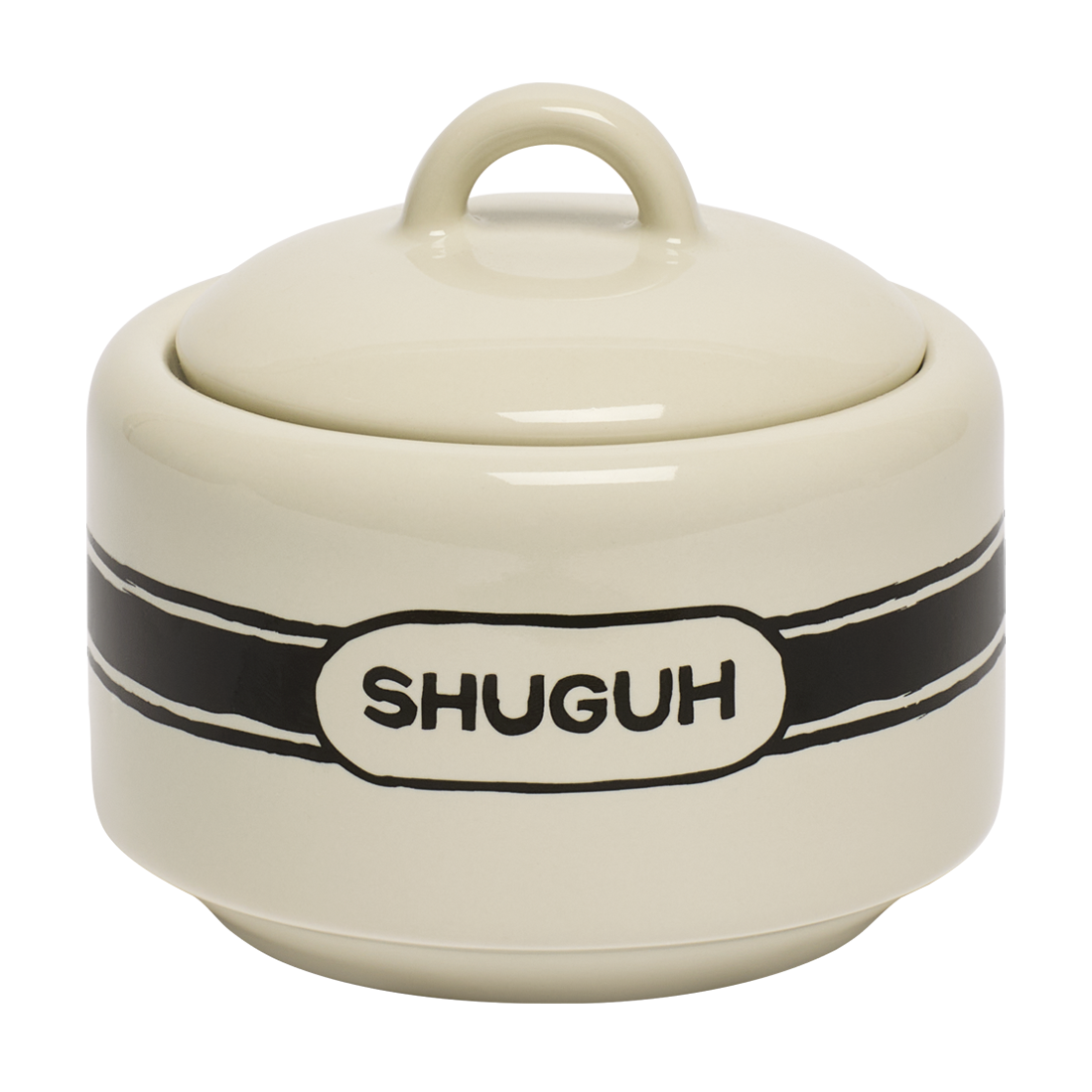 Beige ceramic jar with a black band and 'SHUGUH' branding on a white background