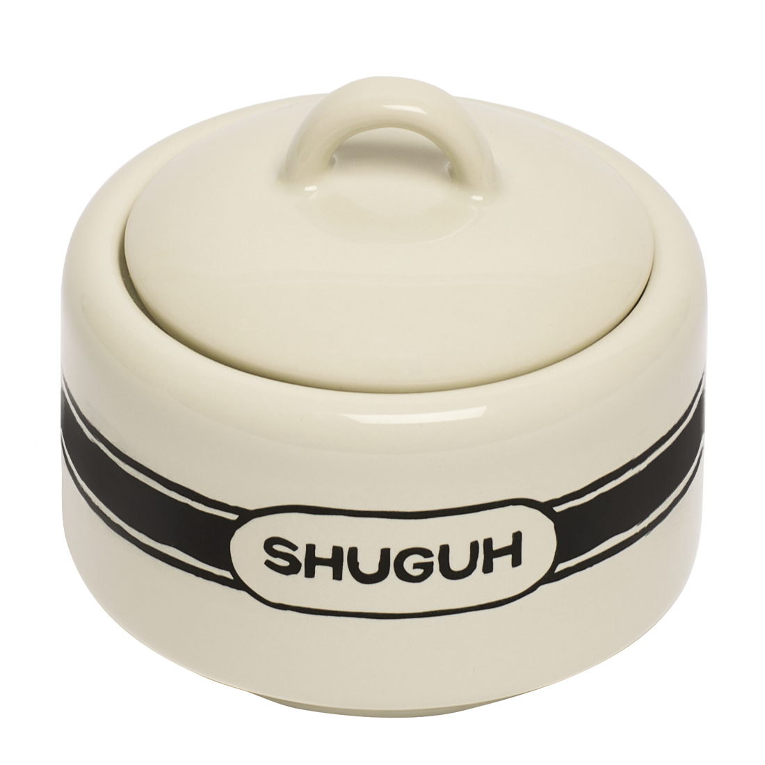Cream-colored ceramic container with a lid and 'SHUGUH' branding on a white background