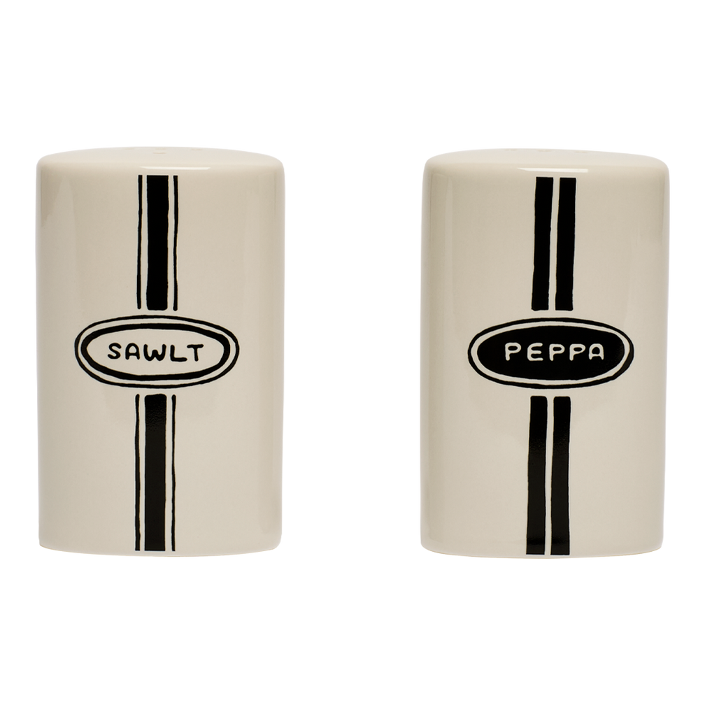 Two ceramic containers labeled 'Sawlt' and 'Peppa' on a white background