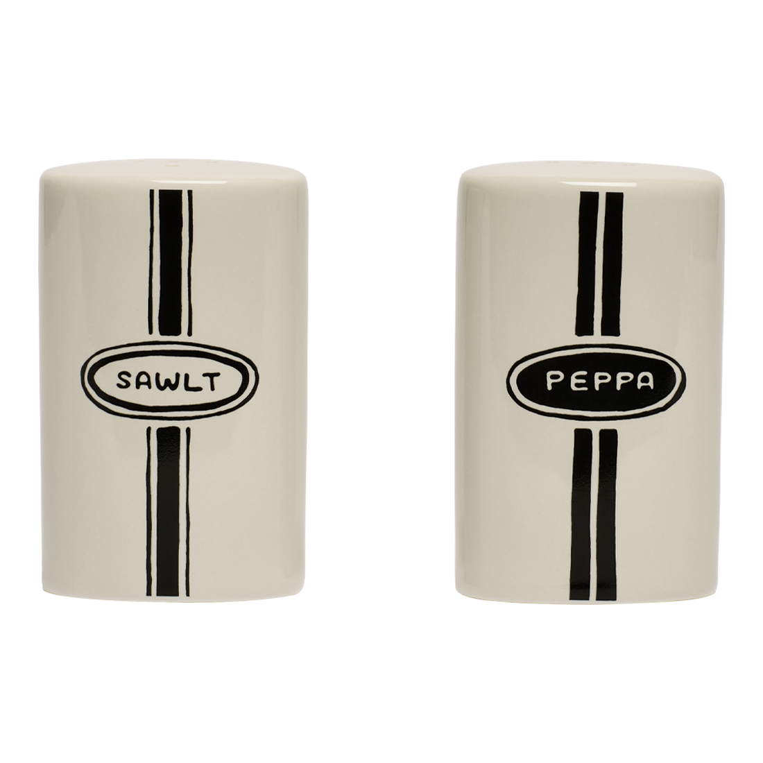 Two ceramic containers labeled 'Sawlt' and 'Peppa' on a white background