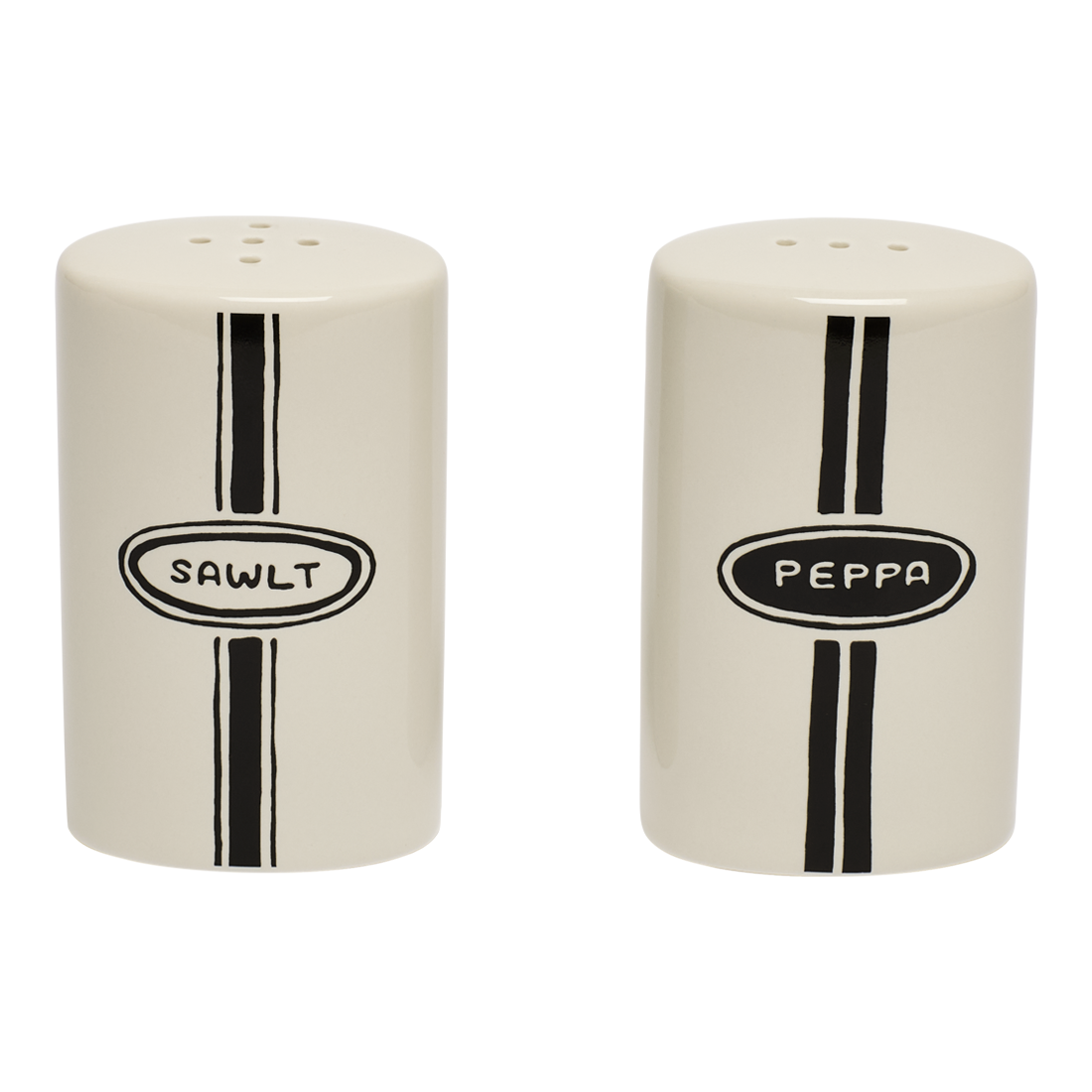 Two ceramic salt and pepper shakers with 'Sawlt' and 'Peppa' labels on a white background.