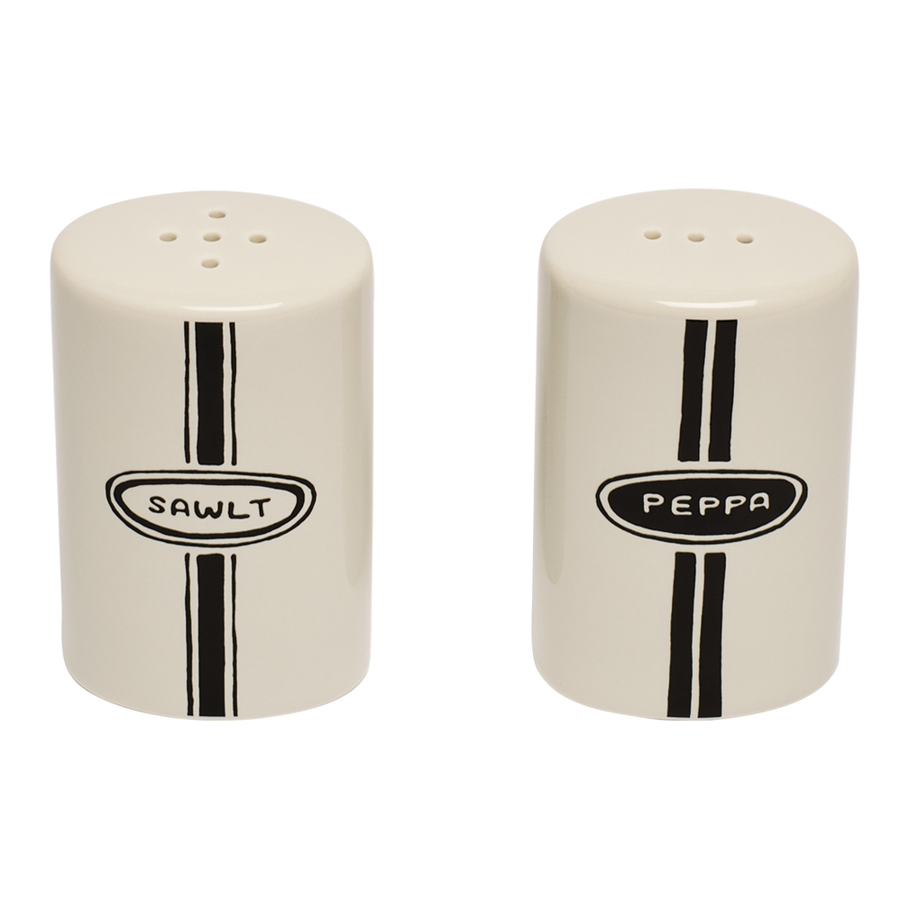 Two ceramic salt and pepper shakers with 'Sawlt' and 'Peppa' labels on a white background