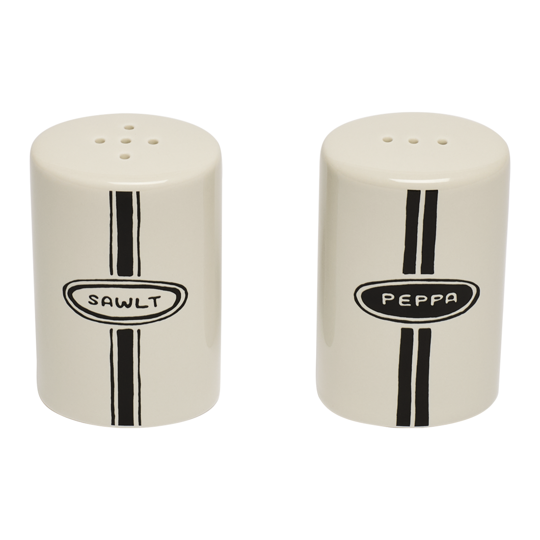 Two ceramic salt and pepper shakers with 'Sawlt' and 'Peppa' labels on a white background