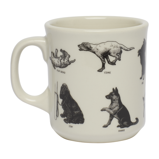 White mug with black dog illustrations on a white background