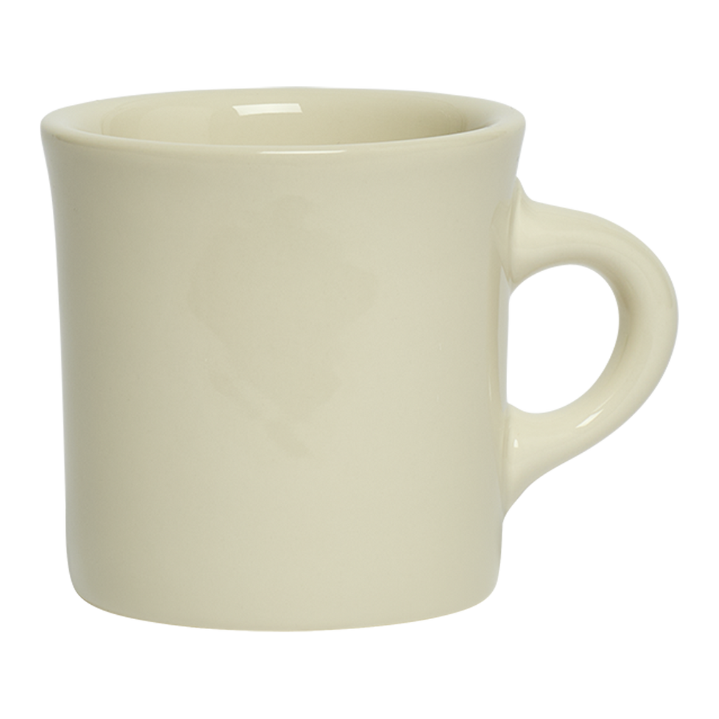 Beige ceramic mug on a white background