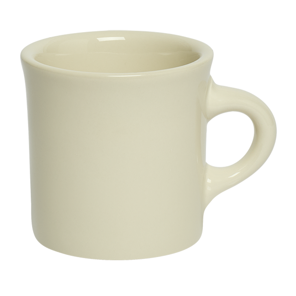 Beige ceramic mug on a white background