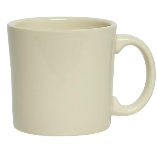 Beige ceramic mug on a white background