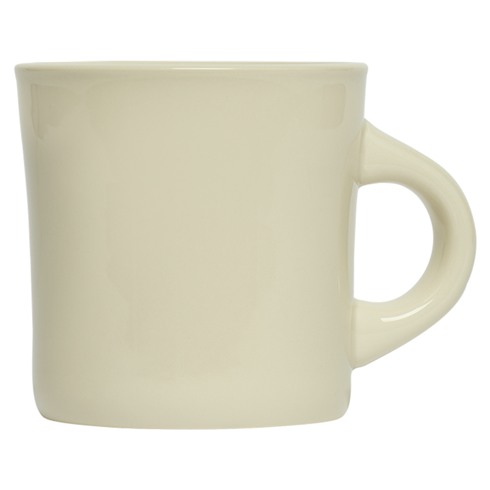 Beige ceramic mug on a white background