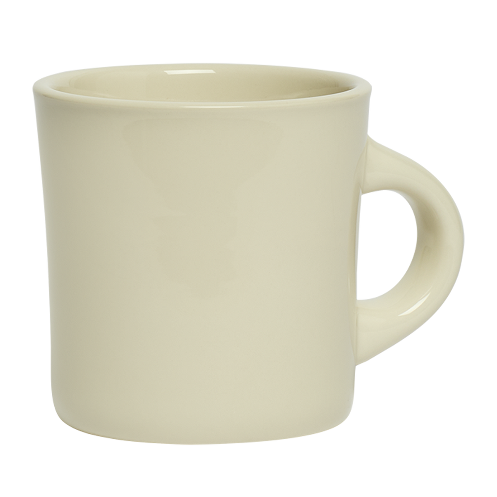 Beige ceramic mug on a white background