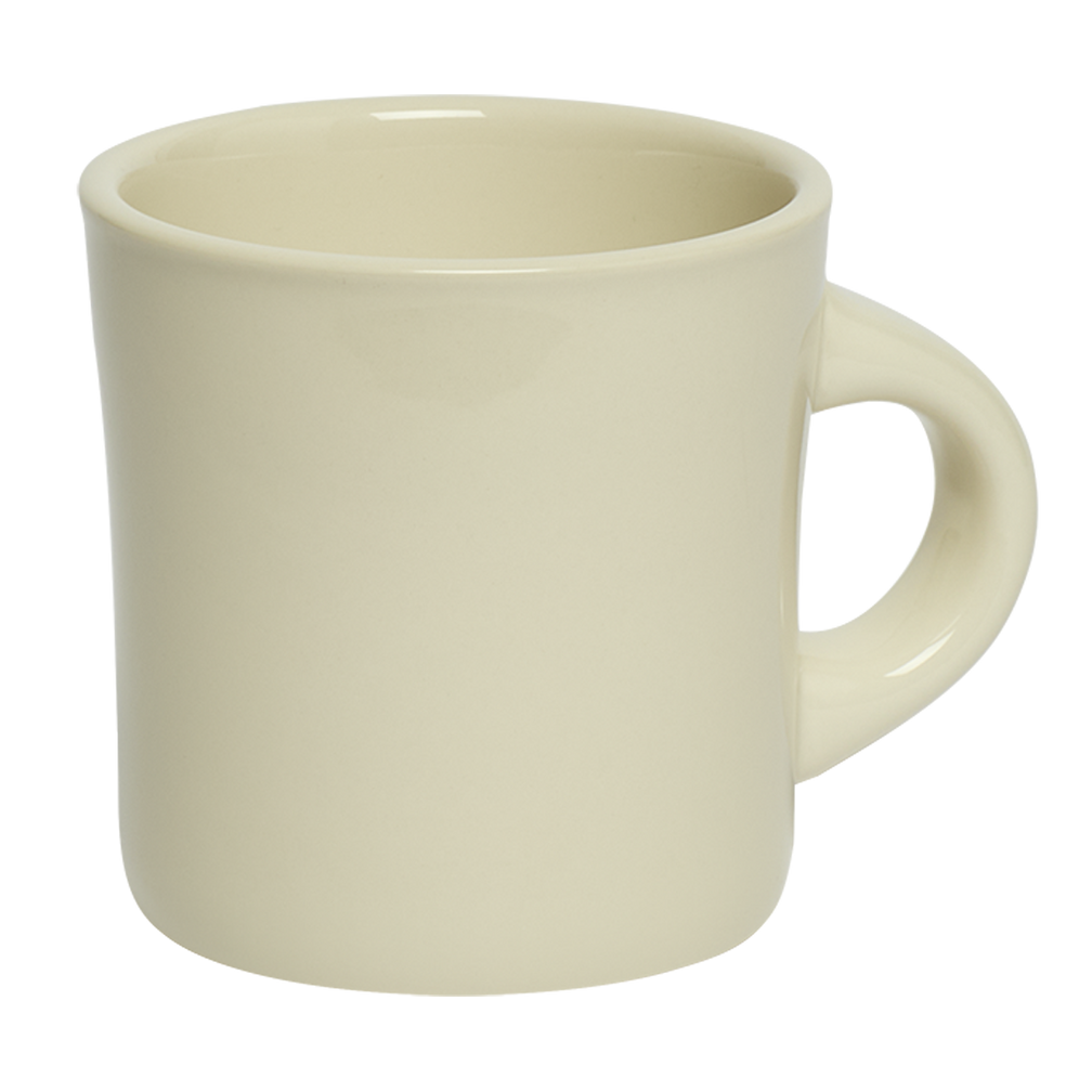 Beige ceramic mug on a white background