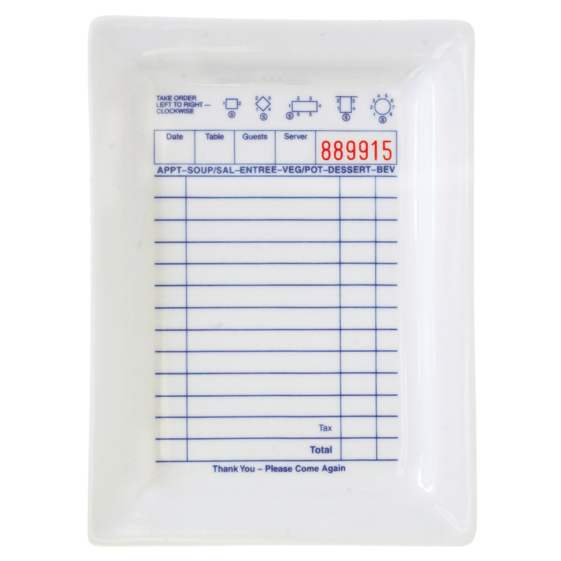 A white plastic tray with blue text and borders, designed to resemble a guest check for a restaurant.
